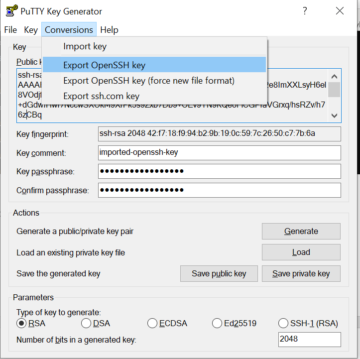 Convert .ppk file to .pem file using putyygen